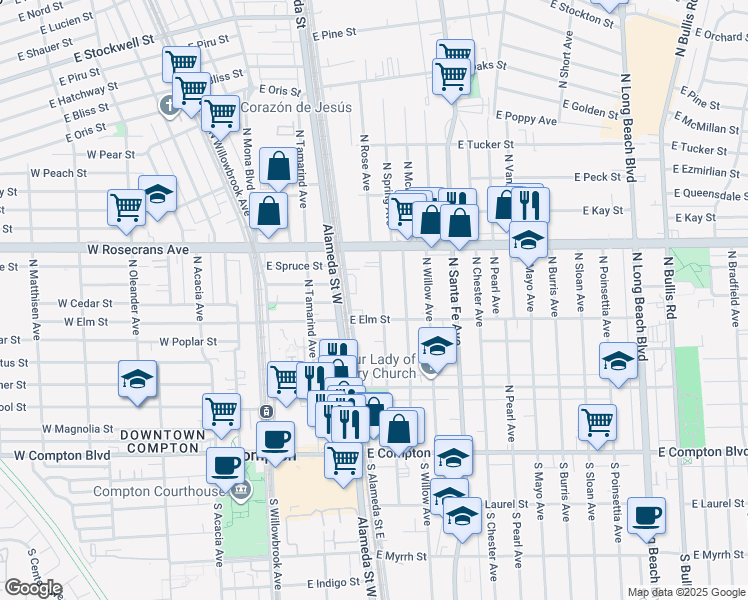 map of restaurants, bars, coffee shops, grocery stores, and more near 803 North Rose Avenue in Compton