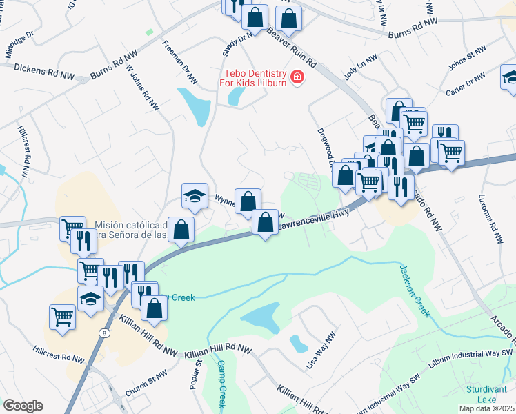 map of restaurants, bars, coffee shops, grocery stores, and more near 464 Harvard Drive Northwest in Lilburn