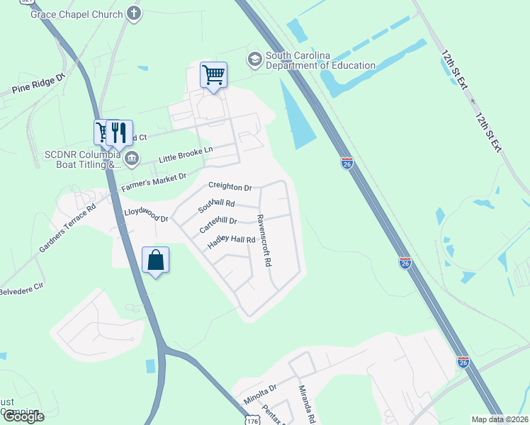 map of restaurants, bars, coffee shops, grocery stores, and more near 411 Ravenscroft Road in West Columbia