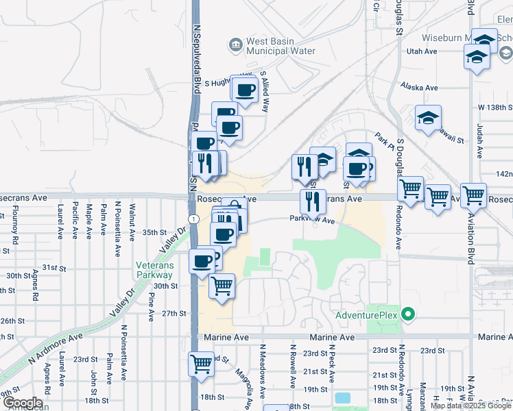 map of restaurants, bars, coffee shops, grocery stores, and more near 1230 Rosecrans Avenue in Manhattan Beach