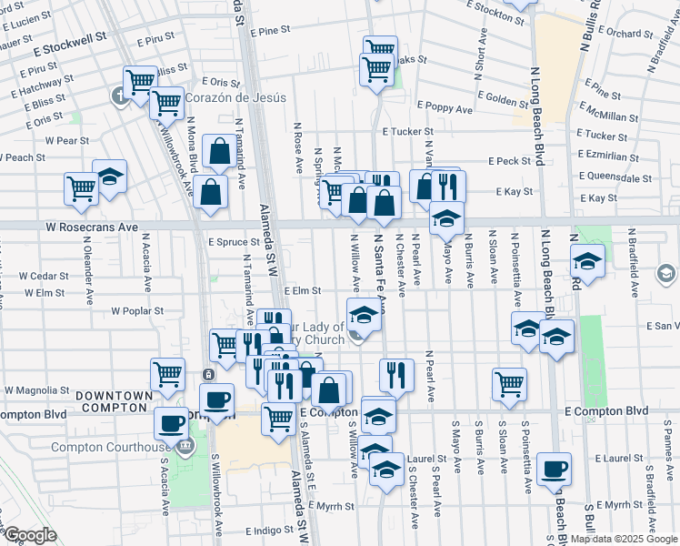 map of restaurants, bars, coffee shops, grocery stores, and more near 802 North Spring Avenue in Compton