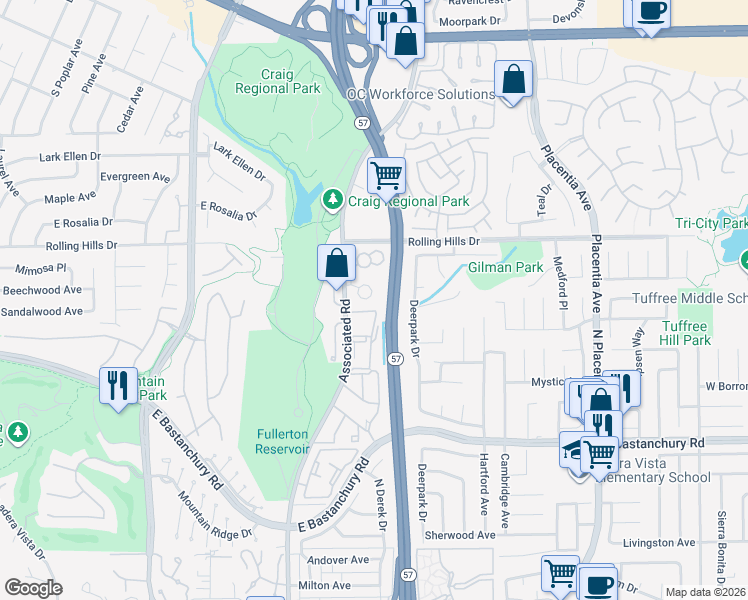 map of restaurants, bars, coffee shops, grocery stores, and more near 2790 Quail Ridge Circle in Fullerton