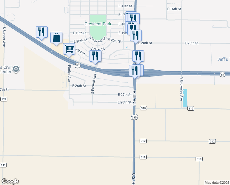 map of restaurants, bars, coffee shops, grocery stores, and more near 233 East 27th Street in Littlefield