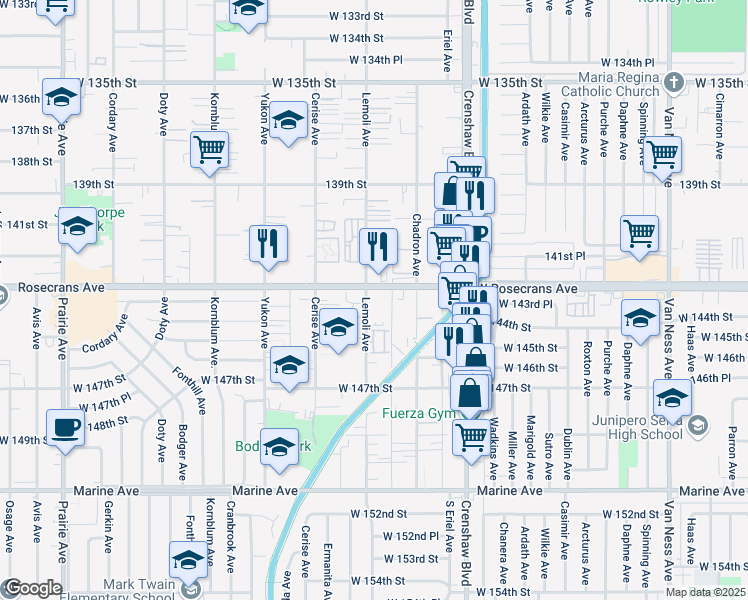 map of restaurants, bars, coffee shops, grocery stores, and more near 14314 Lemoli Avenue in Hawthorne