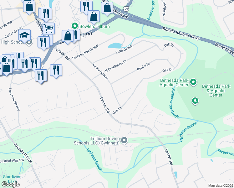 map of restaurants, bars, coffee shops, grocery stores, and more near 76 Valley Road Northwest in Lawrenceville