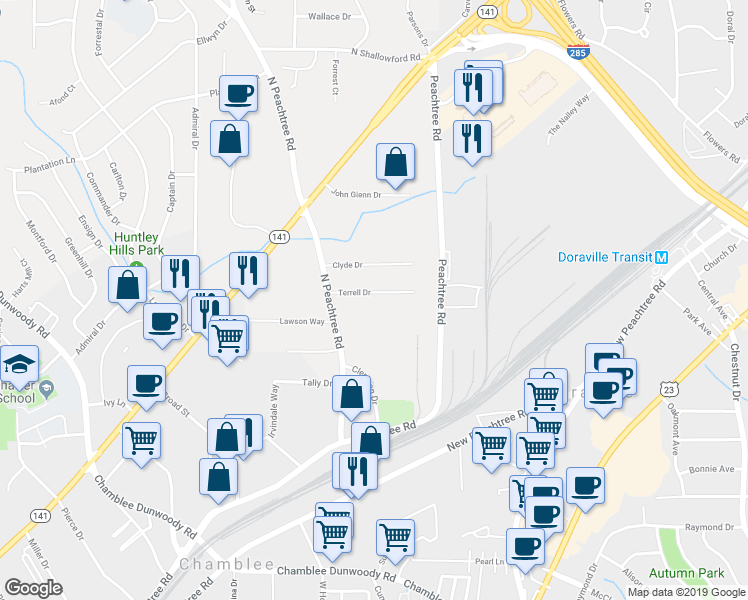 map of restaurants, bars, coffee shops, grocery stores, and more near 2337 Terrell Dr in Chamblee