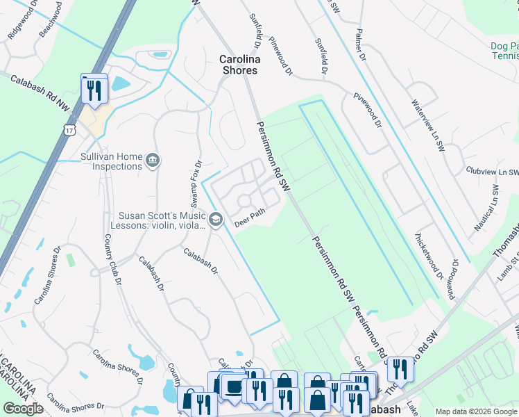 map of restaurants, bars, coffee shops, grocery stores, and more near 495 Planters Place Southwest in Calabash