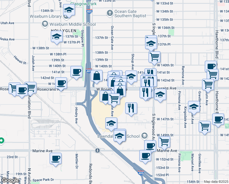 map of restaurants, bars, coffee shops, grocery stores, and more near 5050 Rosecrans Avenue in Hawthorne