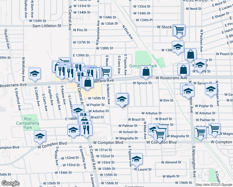 map of restaurants, bars, coffee shops, grocery stores, and more near 712 North Kalsman Avenue in Compton
