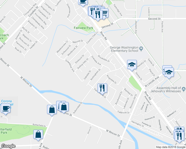 map of restaurants, bars, coffee shops, grocery stores, and more near 964 Nottingham Drive in Corona