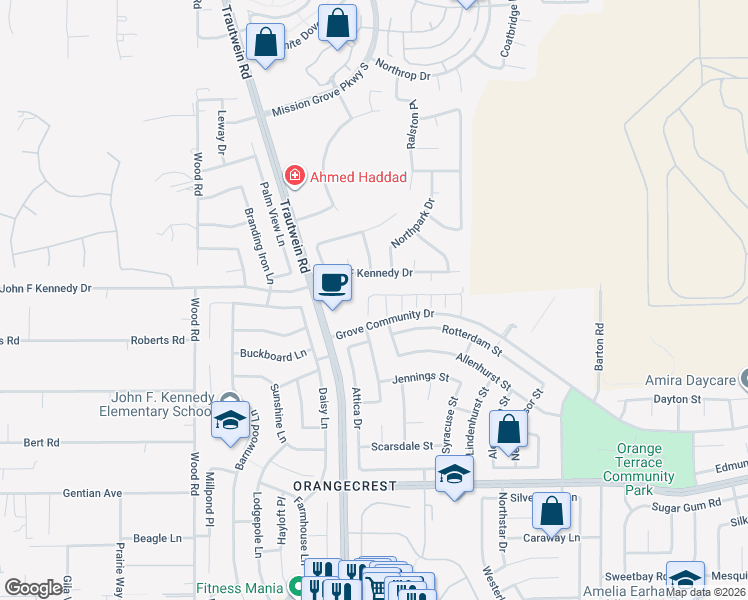 map of restaurants, bars, coffee shops, grocery stores, and more near 8244 Arancino Court in Riverside