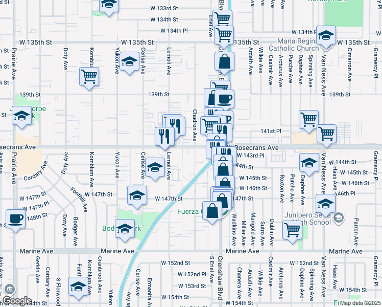 map of restaurants, bars, coffee shops, grocery stores, and more near 14311 Chadron Avenue in Hawthorne