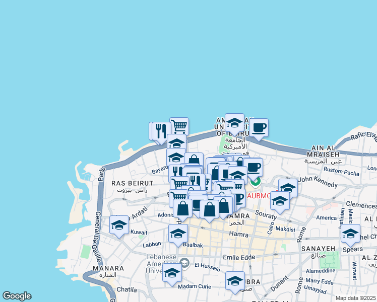 map of restaurants, bars, coffee shops, grocery stores, and more near American University in Bayrut