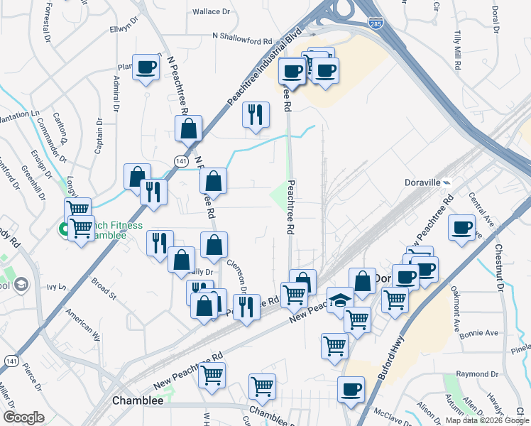 map of restaurants, bars, coffee shops, grocery stores, and more near 2371 Terrell Drive in Chamblee