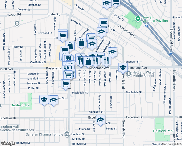 map of restaurants, bars, coffee shops, grocery stores, and more near 14324 Devlin Avenue in Norwalk