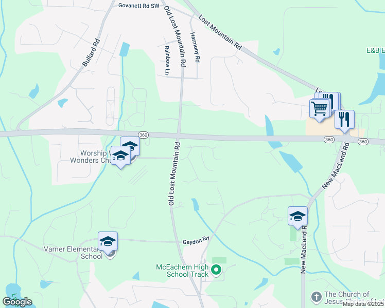 map of restaurants, bars, coffee shops, grocery stores, and more near 4587 Worthings Drive in Powder Springs