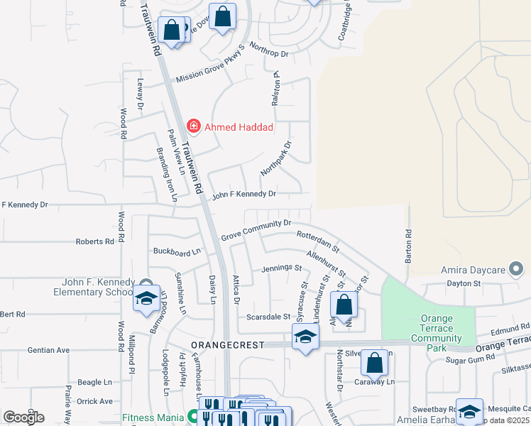 map of restaurants, bars, coffee shops, grocery stores, and more near 19423 Fortunello Avenue in Riverside