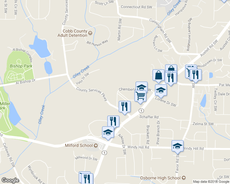 map of restaurants, bars, coffee shops, grocery stores, and more near 762 Chamberlain Circle Southwest in Marietta