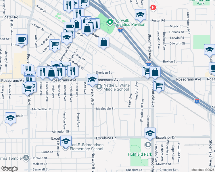map of restaurants, bars, coffee shops, grocery stores, and more near 14324 Disney Avenue in Norwalk