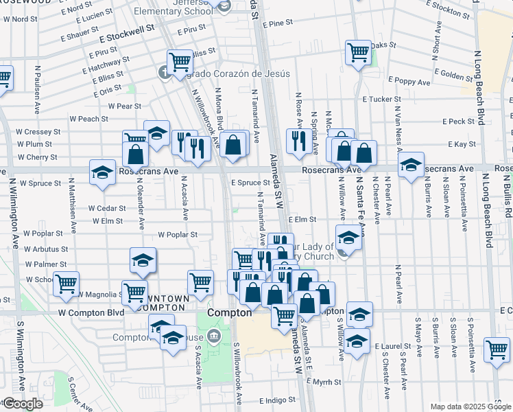 map of restaurants, bars, coffee shops, grocery stores, and more near 801 North Tamarind Avenue in Compton