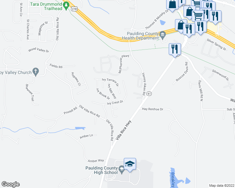 map of restaurants, bars, coffee shops, grocery stores, and more near 422 Ivy Terrace Drive in Dallas