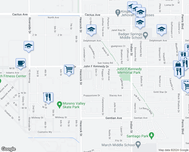map of restaurants, bars, coffee shops, grocery stores, and more near 15085 Elm Court in Moreno Valley