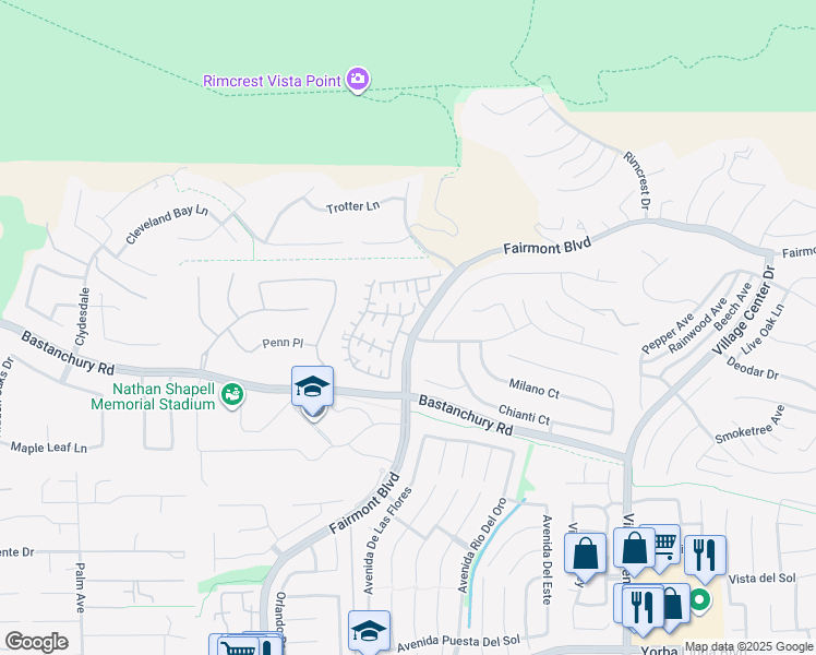 map of restaurants, bars, coffee shops, grocery stores, and more near 4098 Villa Pasado in Yorba Linda