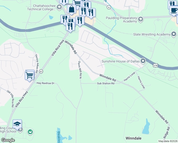 map of restaurants, bars, coffee shops, grocery stores, and more near 432 Winndale Road in Dallas