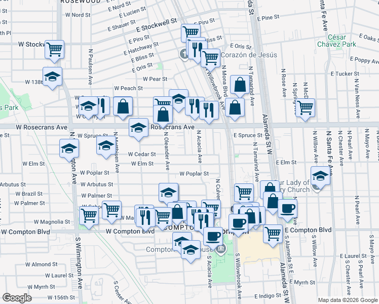 map of restaurants, bars, coffee shops, grocery stores, and more near 805 North Hickory Avenue in Compton