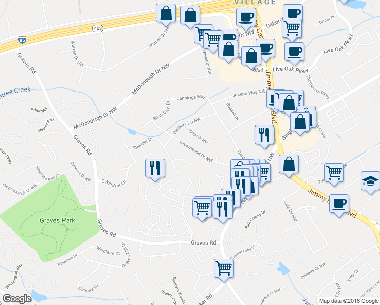 map of restaurants, bars, coffee shops, grocery stores, and more near 1563 Greenwood Drive Northwest in Norcross