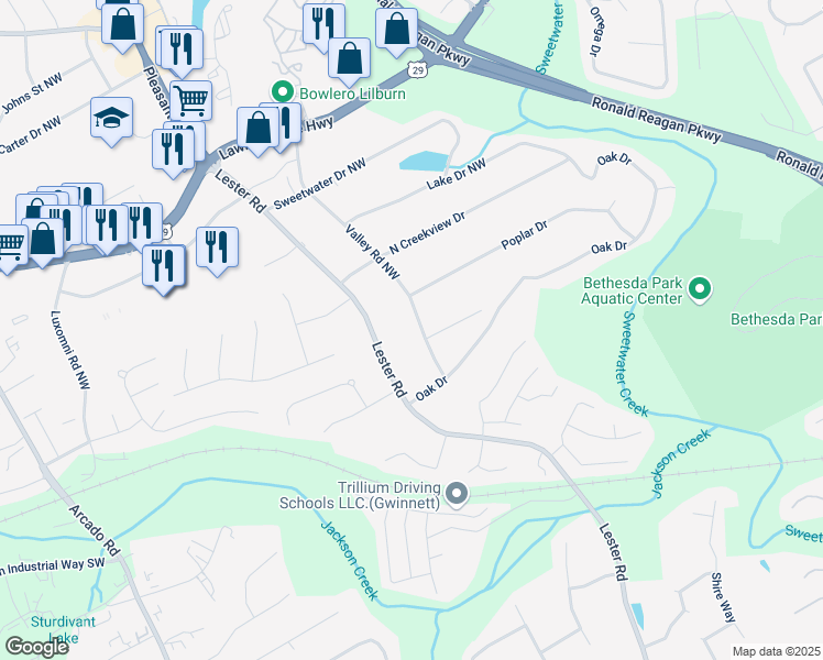 map of restaurants, bars, coffee shops, grocery stores, and more near 87 Valley Road Northwest in Lawrenceville