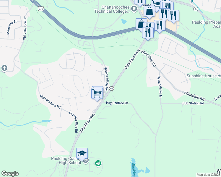 map of restaurants, bars, coffee shops, grocery stores, and more near 590 Villa Rica Highway in Dallas