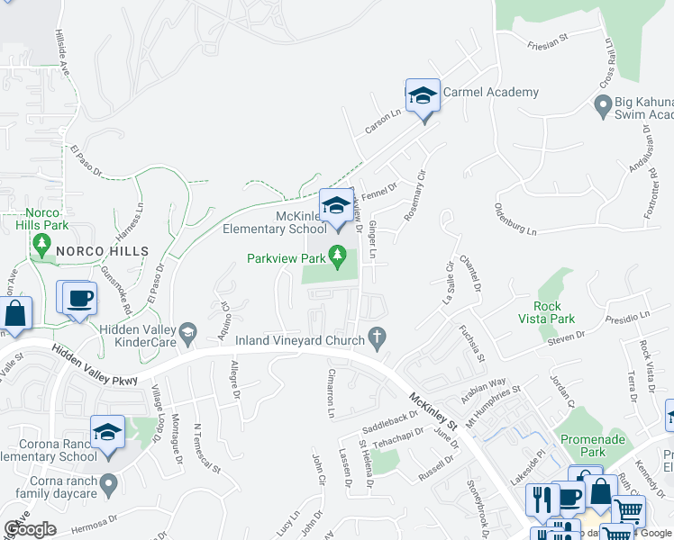 map of restaurants, bars, coffee shops, grocery stores, and more near 2094 Parkview Drive in Corona