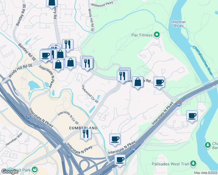 map of restaurants, bars, coffee shops, grocery stores, and more near 2020 Powers Ferry Road in Atlanta
