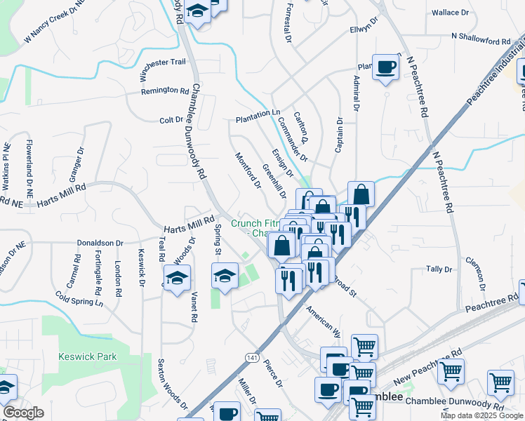 map of restaurants, bars, coffee shops, grocery stores, and more near 3734 Montford Drive in Chamblee