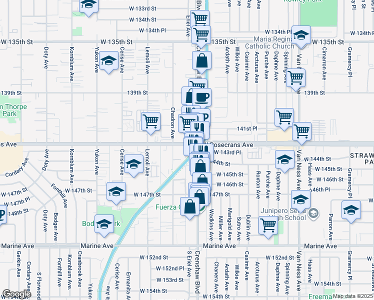 map of restaurants, bars, coffee shops, grocery stores, and more near 3116 Rosecrans Avenue in Hawthorne
