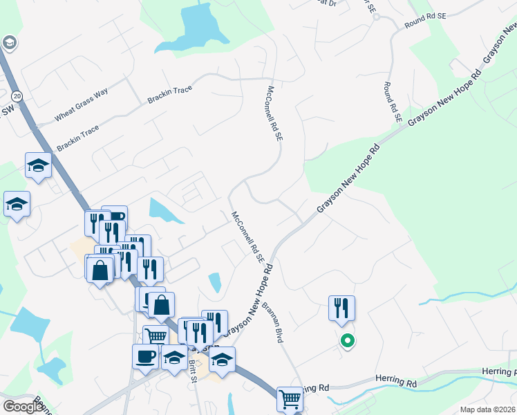 map of restaurants, bars, coffee shops, grocery stores, and more near 180 Leighs Grove Way in Grayson