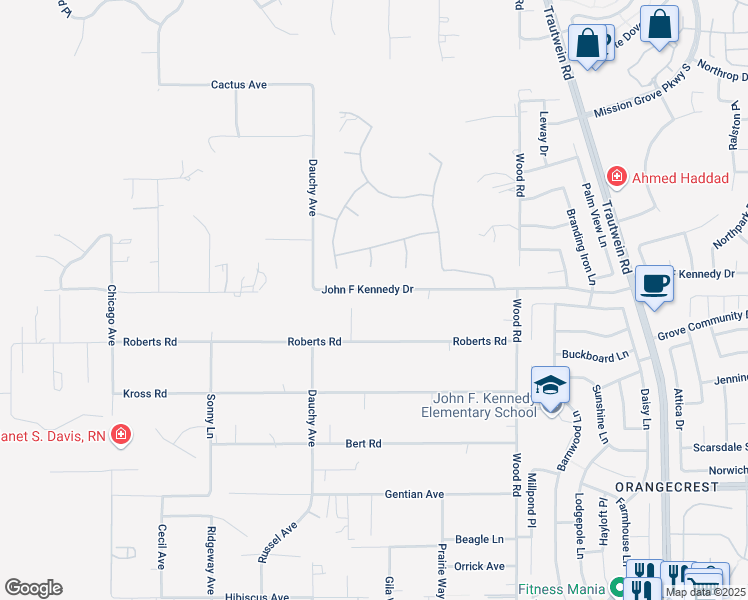 map of restaurants, bars, coffee shops, grocery stores, and more near 18655 John F Kennedy Drive in Riverside