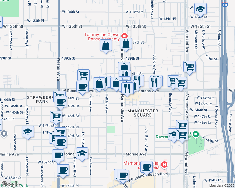 map of restaurants, bars, coffee shops, grocery stores, and more near in Gardena