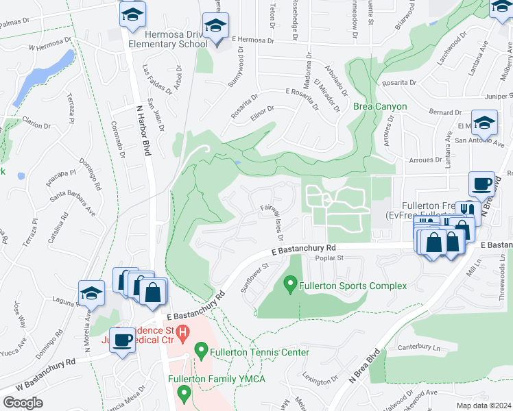 map of restaurants, bars, coffee shops, grocery stores, and more near 675 Colonial Circle in Fullerton