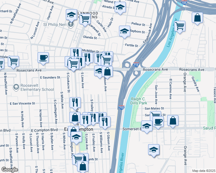 map of restaurants, bars, coffee shops, grocery stores, and more near 14512 S Gibson Ave in Compton