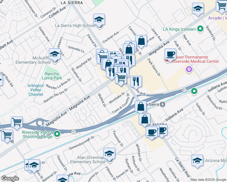 map of restaurants, bars, coffee shops, grocery stores, and more near 11189 Royal Palm Blvd in Riverside