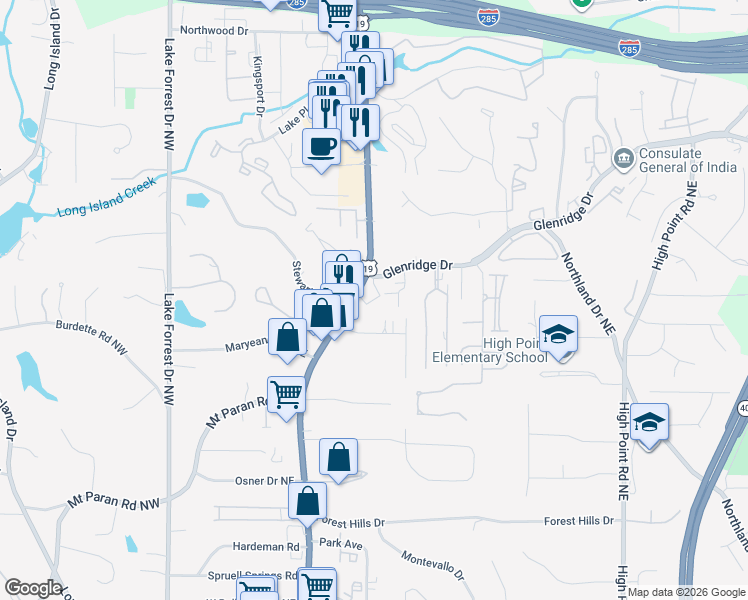 map of restaurants, bars, coffee shops, grocery stores, and more near 5279 Glenridge Drive in Atlanta