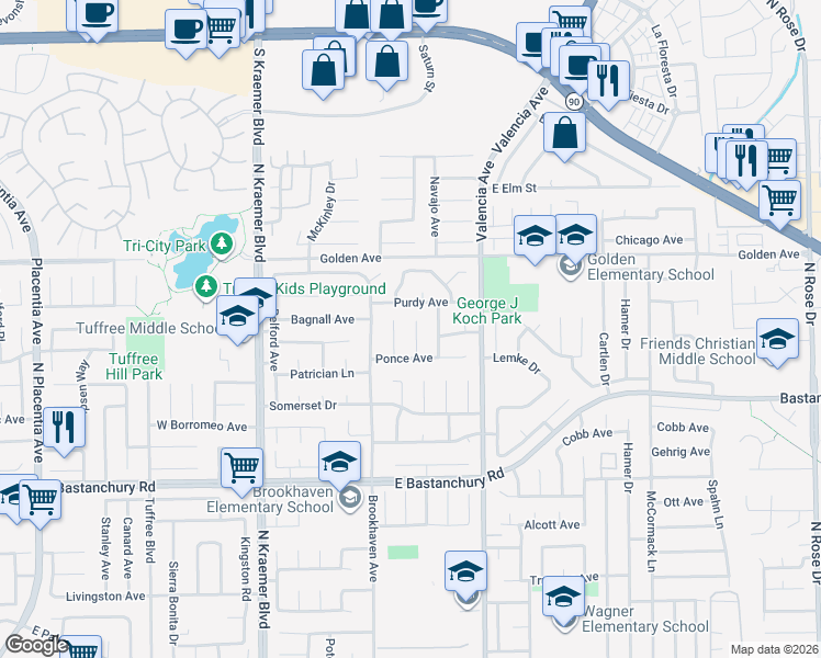 map of restaurants, bars, coffee shops, grocery stores, and more near 2137 Tynes Drive in Placentia