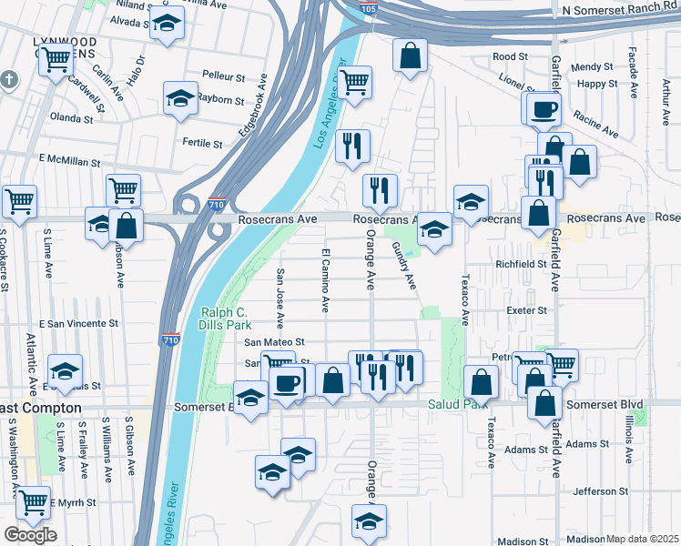map of restaurants, bars, coffee shops, grocery stores, and more near 6817 San Juan Street in Paramount