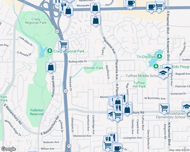 map of restaurants, bars, coffee shops, grocery stores, and more near 2630 Cambridge Avenue in Fullerton