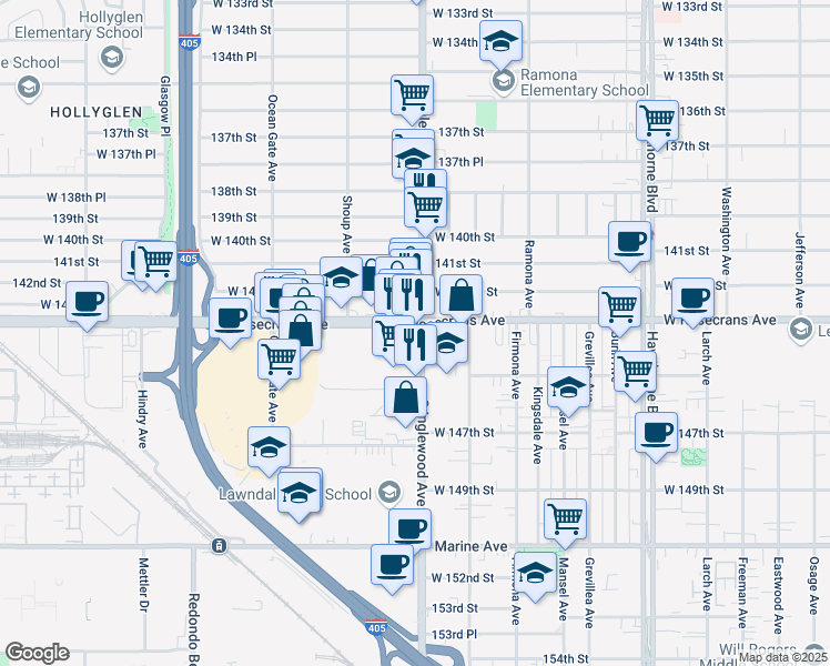 map of restaurants, bars, coffee shops, grocery stores, and more near in Hawthorne