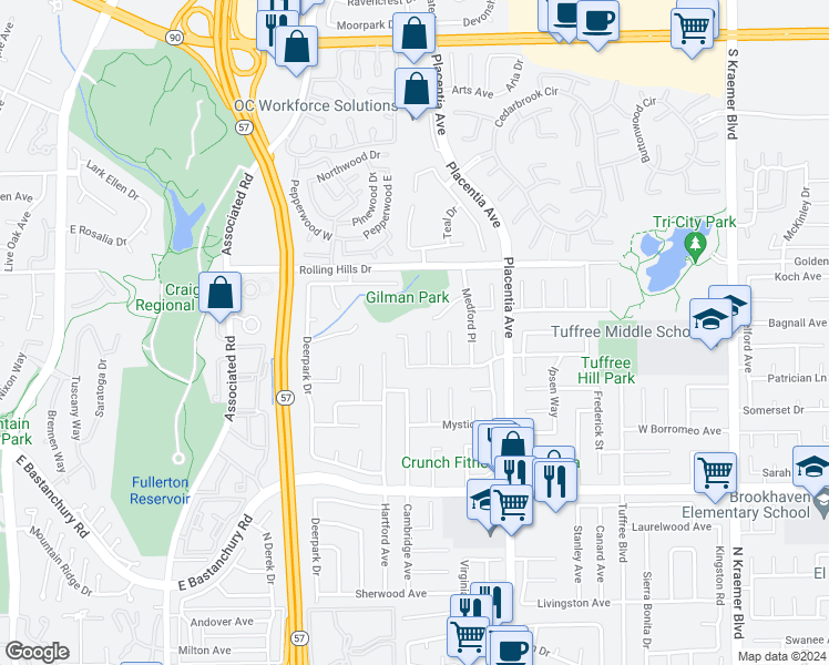 map of restaurants, bars, coffee shops, grocery stores, and more near 2630 Cambridge Avenue in Fullerton