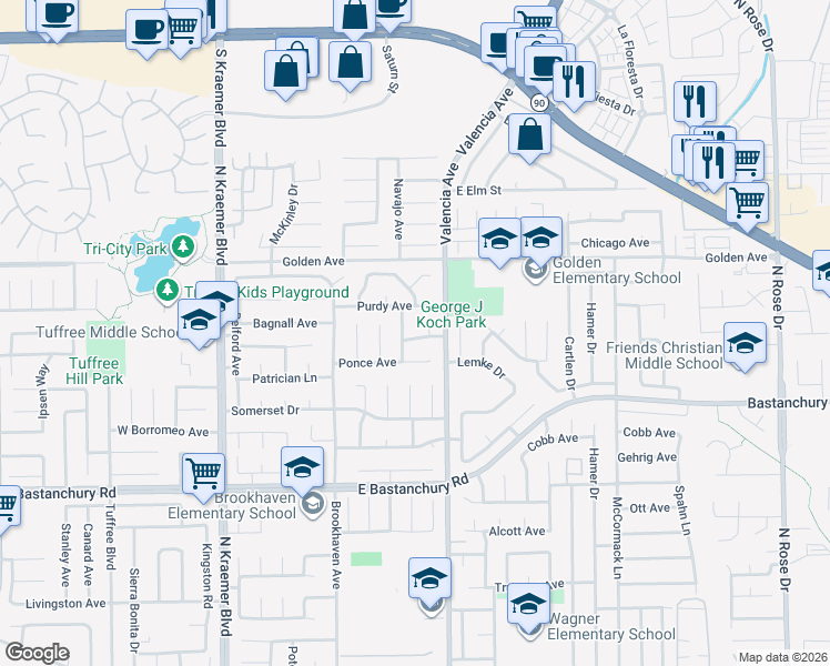 map of restaurants, bars, coffee shops, grocery stores, and more near 2140 Shelley Street in Placentia