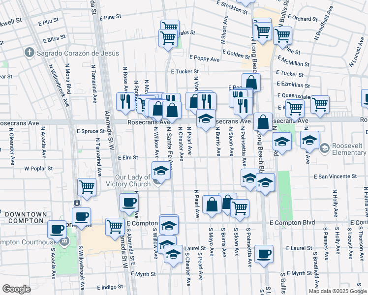 map of restaurants, bars, coffee shops, grocery stores, and more near 806 North Chester Avenue in Compton